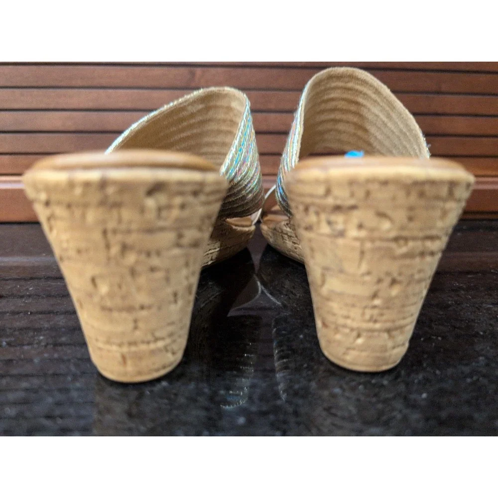 Italian Shoemakers Womens Gold Multi Metallic Striped Cork Wedge Sandals 7.5